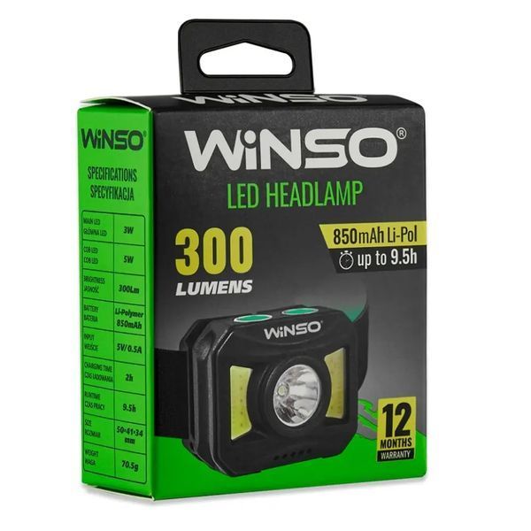 Ліхтар налобний WINSO 300 lm LED 3W + COB, 850 mAh, білий/червоний 750600 фото