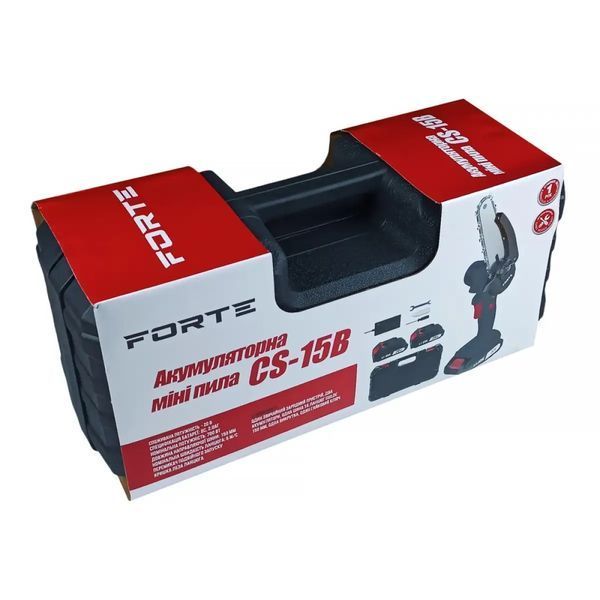 Пила ланцюгова акумуляторна FORTE CS-15B 20В, в комплекті 2 акум.2,0Аг та зарядний пристрій, кейс, шина 15см, швидкість обертання 5,0м/с CS-15B фото