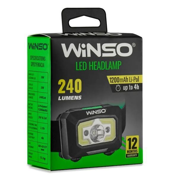 Ліхтар налобний WINSO 240 lm XPE 3W + COB, 1200 mAh, сенсор, білий/червоний 750320 фото