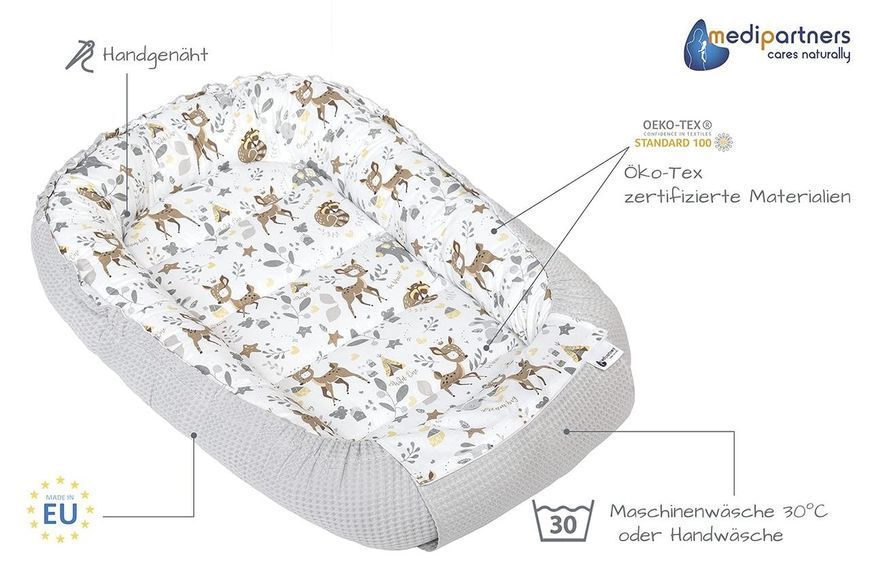 Кокон-гніздо Medi Partners Waffle, 100&times;60&times;15 см, сірий із візерунком &laquo;олень&raquo; W25-ED8209 фото