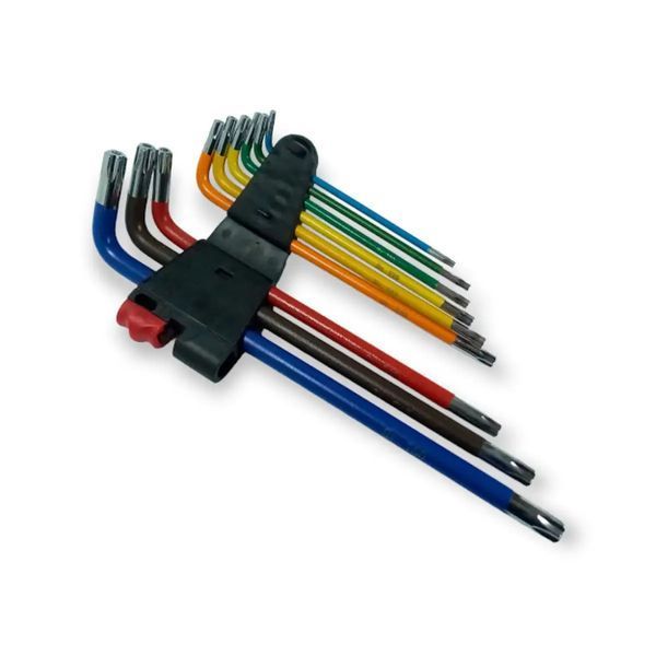 Набір Г-подібних ключів TORX екстра-довгих кольорових з отвором 9 од., T10-50, HAISSER 48117 фото