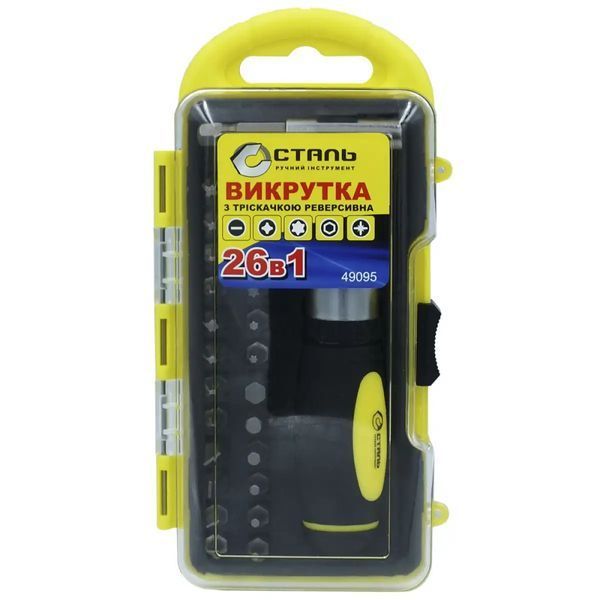 Викрутка з тріскачкою реверсивна 26 в 1 з набором біт СТАЛЬ 49095 фото