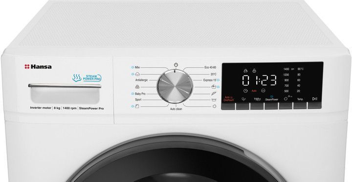 Пральна машина HANSA WHG814DD1W 8кг/1400об./Дисплей/Інвертор/Функц.прання з парою/Чорний люк WHG814DD1W фото