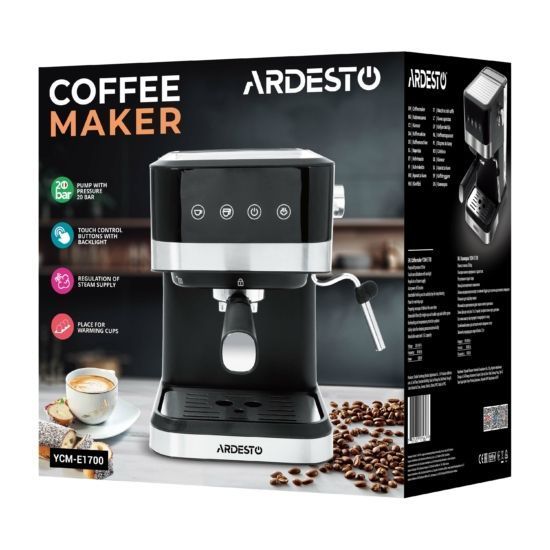Кавоварка Ardesto YCM-E1700, 1,5л/20 бар/1050Вт/Ріжкова/Сенсорне керування/Кава мелена/Капучинатор YCM-E1700 фото
